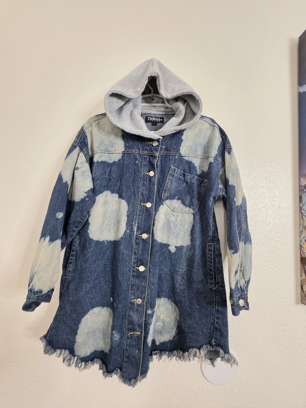 Thrill Jeans Womens Bleach Splatter Acid Wash Hooded Denim Jacket Size Large